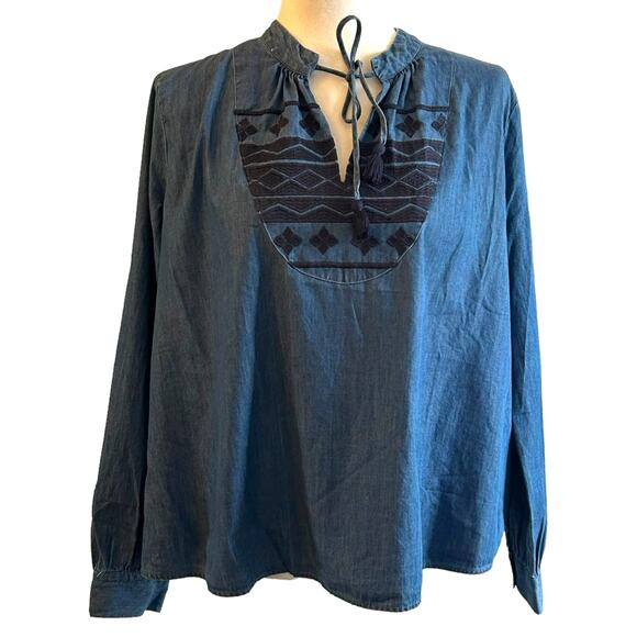 LOFT Lounge Blue Denim Chambray Boho Western Top Long Sleeve Embroidery XS - Picture 1 of 6